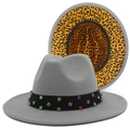 Detail view of grey fedora hat with leopard print lining and colorful rhinestone band - One Size / Gray