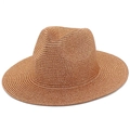 Classic dark brown Panama straw hat with metallic thread and a stylish wide brim - One Size / Caramel color