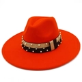 Detail of orange wool fedora featuring gold ribbon with inlaid pearls and rhinestones - Orange Red