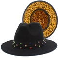 Detail view of black felt fedora hat with rhinestone band and leopard print lining - One Size / Black