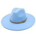 Close-up of light blue wool fedora hat with brown leather band and golden buckle - One Size / Light Blue