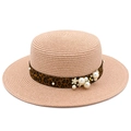 Pink wide-brimmed straw boater hat with leopard ribbon and elegant pearl accents - Light Pink