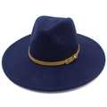 Detail of navy blue wool fedora hat with wide brim and brown leather band featuring gold buckle - One Size / Navy Blue
