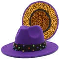 Purple wool fedora hat with leopard print lining and rhinestone band for women and men - One Size / Purple