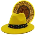 Bright yellow wool fedora hat with rhinestone ribbon and leopard print lining - One Size / Yellow