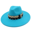 Detail of turquoise wool fedora with pearl and rhinestone embellished gold black band - Sky Blue