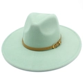 Macro shot of mint green wool fedora with brown leather band and gold buckle detail - One Size / Mint Green