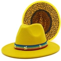 Chapeau fedora jaune à large bord avec ruban arc-en-ciel et doublure léopard - Jaune
