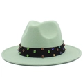 Mint green wool fedora with colorful rhinestones on a black band, wide brim jazz hat - Fluorescent Green