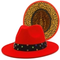 Red fedora hat with leopard print brim and rhinestone band shown from two angles - One Size / Red