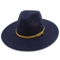 Detail of dark blue fedora hat featuring a narrow light brown leather belt with metal buckle - One Size / Dark Blue
