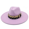 Purple wide brim fedora hat with gold glitter band and pearl rhinestone details - Light Purple