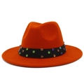 Close-up of bright orange felt fedora featuring a black ribbon with multi-color rhinestones - Dark Orange