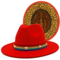 Chapeau fedora rouge à large bord avec ruban arc-en-ciel et doublure léopard - Rouge