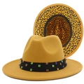 Ginger yellow wool fedora hat with leopard print lining and colorful crystal band decoration - One Size / Khaki