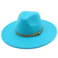 Detail view of the blue wool fedora hat featuring a stylish brown leather buckle strap band - One Size / Sky Blue