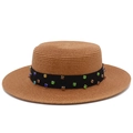 Canotier en paille à bord plat avec ruban noir et strass colorés pour plage - Rose foncé