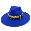Detail of royal blue fedora hat featuring a gold trim band with white pearls and rhinestones - Sapphire Blue