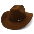 Close-up of brown wool fedora with a leather band and gold buckle on white background - Coffee