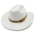 Close-up of a white felt cowboy hat featuring a brown leather belt and gold heart metal buckle - White