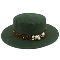 Detail of dark green straw hat with leopard ribbon, pearls, and floral embellishments - Dark Green