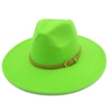 Detail view of neon green wool fedora with 9.5cm wide brim and brown leather band - One Size / Fluorescent Green