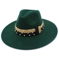 Detail of dark green wide-brimmed fedora hat with elegant pearl and diamond trim band - Dark Green