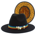 Classic black felt fedora hat featuring rainbow ribbon with pearl detail and leopard lining - One Size / Black