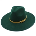 Detail of dark green wide brim fedora with brown leather band and gold metal buckle - One Size / Dark Green
