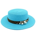 Sky blue straw sun hat featuring leopard print band with pearls and floral accents - Lake Blue