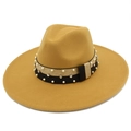 Detailed shot of camel wool fedora hat featuring pearl and rhinestone studded ribbon band - Khaki