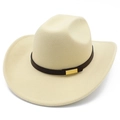 Classic cream felt fedora hat with brown leather band and gold buckle in Western style - Beige