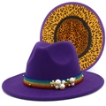 Detail view of purple felt fedora with rainbow band, pearls and leopard print lining - One Size / Purple