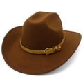 Detail of dark brown wool felt cowboy hat with yellow leather band and gold buckle - Coffee