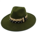 Detail of dark green wool fedora featuring black ribbon with pearls and rhinestones - Army Green