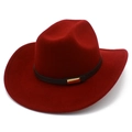 Detail of burgundy wool felt cowboy hat with black leather band and gold metal buckle - Burgundy