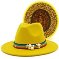 Yellow fedora hat with leopard brim lining, rainbow ribbon and pearl accents - One Size / Yellow