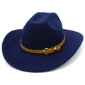 Detail of navy felt fedora featuring a ginger leather belt and gold metal buckle accent - Dark Blue