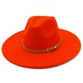 Detail view of orange wool fedora hat with wide brim and leather band with metal buckle - One Size / Orange Red