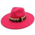 Detail of fuchsia wool wide-brim hat with gold glitter band and pearl rhinestone accents - Rose Red