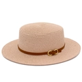 Chapeau de paille Panama rose clair à bord plat avec ruban en cuir et boucle dorée - Taille unique / Rose Clair