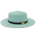 Détail d'un chapeau de paille vert menthe avec bande en cuir noir et métal doré - Taille unique / Vert menthe