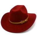 Detail of the dark red felt hat crown with faux leather belt and gold buckle decoration - Burgundy