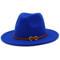 Classic Klein blue wool fedora hat with brown leather band and gold buckle detail - One Size / Sapphire Blue
