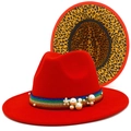 Red wool fedora hat with leopard print brim and pearl rainbow ribbon embellishment - One Size / Red