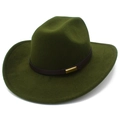 Close-up of military green wool felt fedora hat featuring dark brown leather belt buckle - Army Green