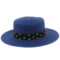 Détails du chapeau de paille bleu marine à haut plat avec ruban à strass colorés - Bleu clair