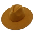 Gros plan détaillé du chapeau fedora en laine camel avec large bord et surpiqûres - Marron