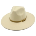 Elegant beige wide-brim wool fedora hat with a brown leather belt and golden buckle - One Size / Beige