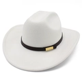 Detailed view of white wool felt cowboy hat with dark brown leather band and gold buckle - White